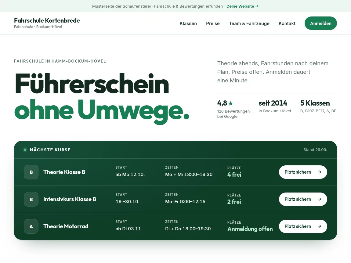 Musterseite Fahrschule Kortenbrede